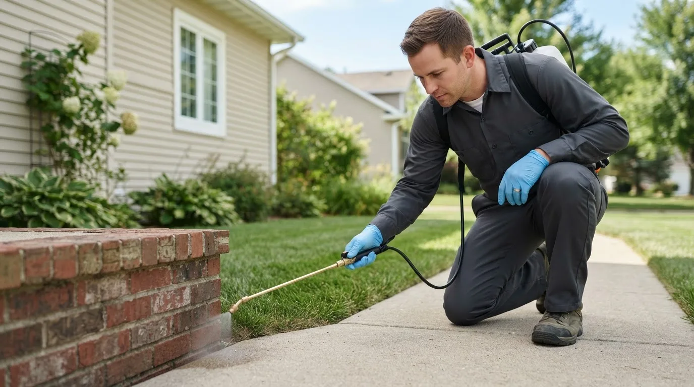 Pest control technician treating a home near Coopers Plains, NY