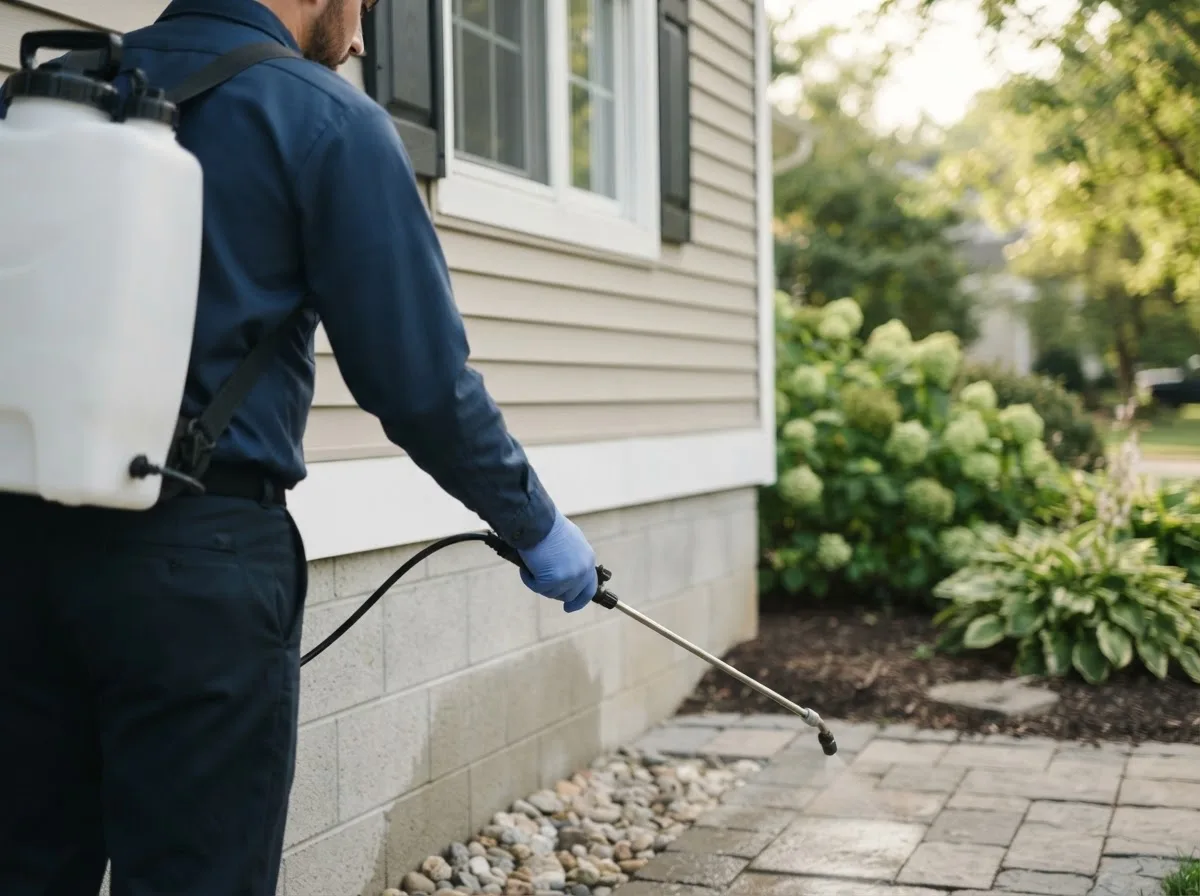 Pest control technician inspecting a home in Coopers Plains, NY